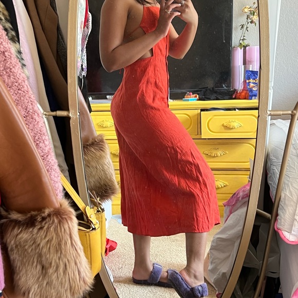 Reformation Red Orange Button Fit & Flare Halter Cut Out Shirt Dress 0 - Picture 9 of 9